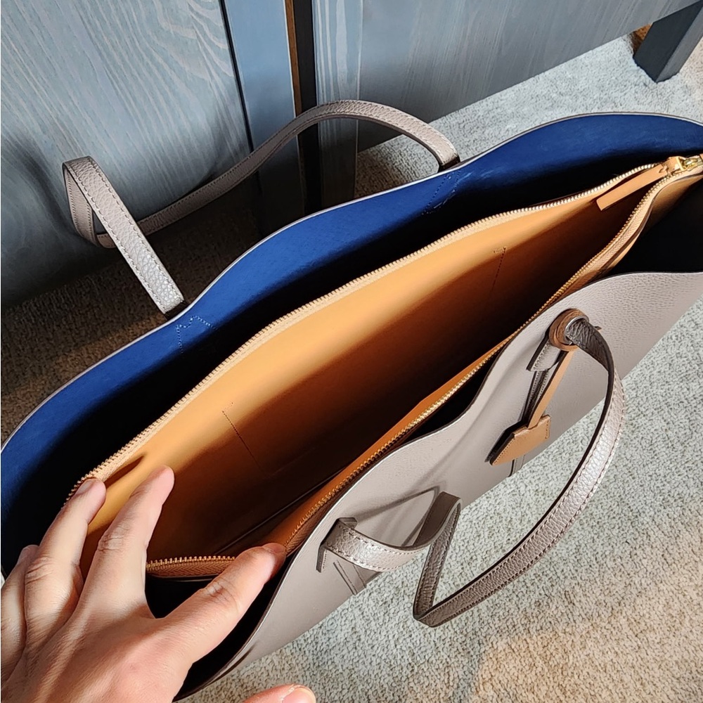 Tory Burch Taupe Leather Tote with Yellow Accent - Picture 4 of 6